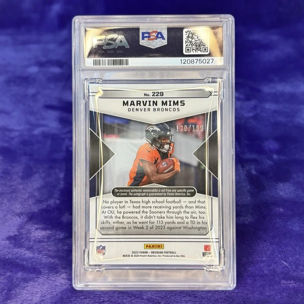 Marvin Mims 2023 Obsidian RPA Rookie Patch Auto /199 PSA 10 Auto 10 Broncos